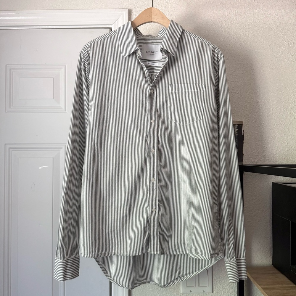 LES DEUX men’s grey white striped cotton long sleeve button up‎ shirt